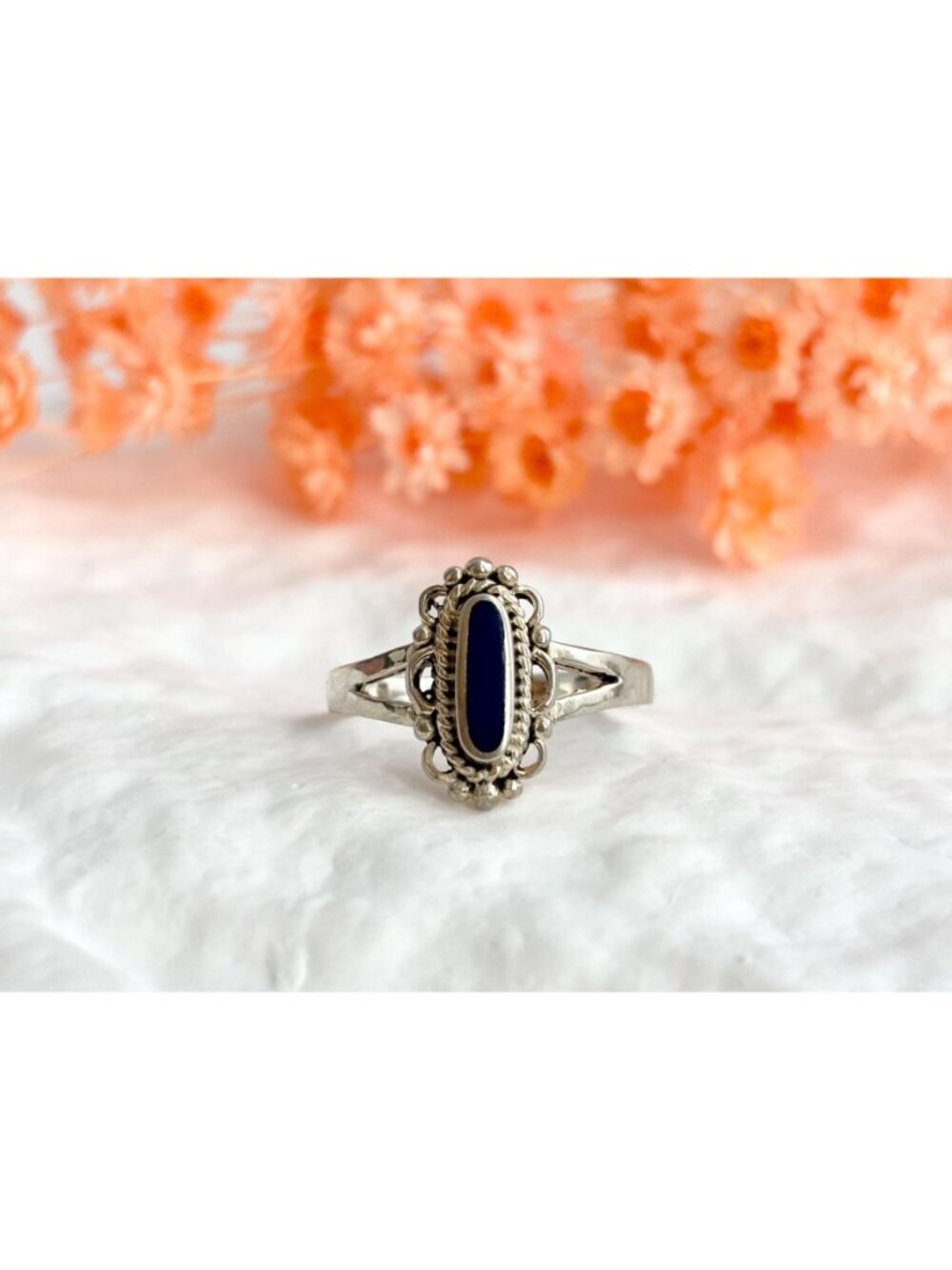 Lapis Lazuli Oval Scalloped Beaded Southwest Sterling Silver 925 Vintage Ring - Picture 11 of 14
